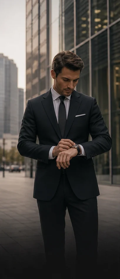 A man in a tailored suit checking his watch on his morning commute
