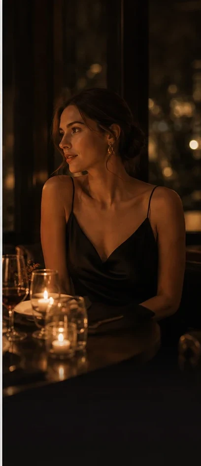 A woman enjoying an intimate candlelit dinner