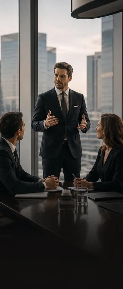 A professional delivering a presentation in a modern boardroom